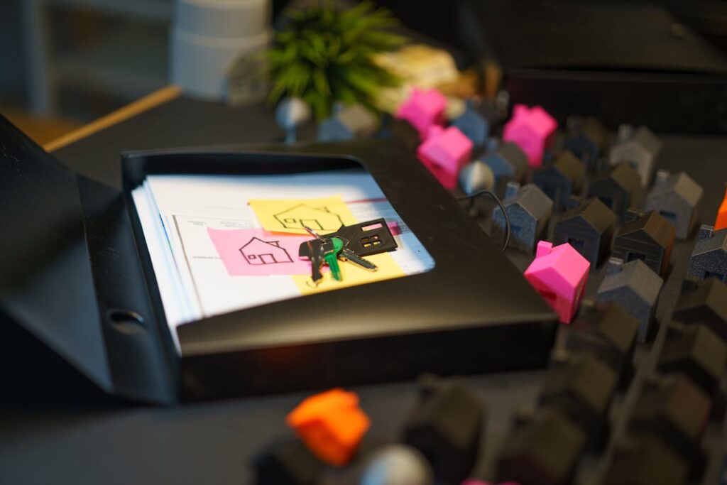 Keys and real estate documents on a desk surrounded by colorful house models, symbolizing property transactions.